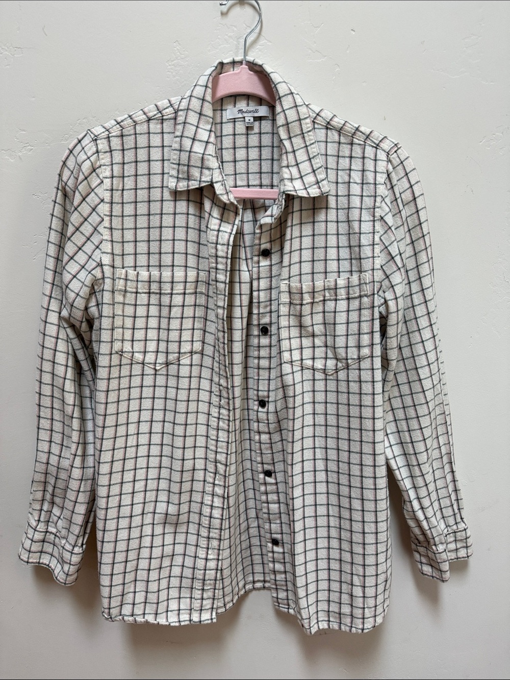 Madewell Cream Checked with Pink/Green Plaid Button-Down Flannel Shirt